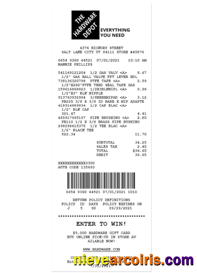THE HARDWARE DEPOT receipt template